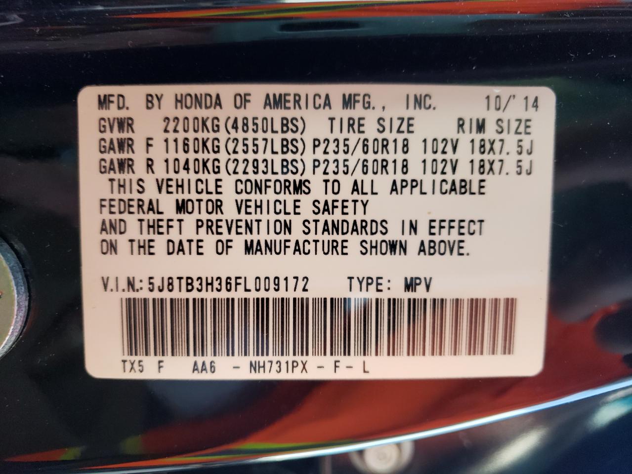 Photo 10 from auction – 2015 ACURA RDX with VIN 5J8TB3H36FL009172