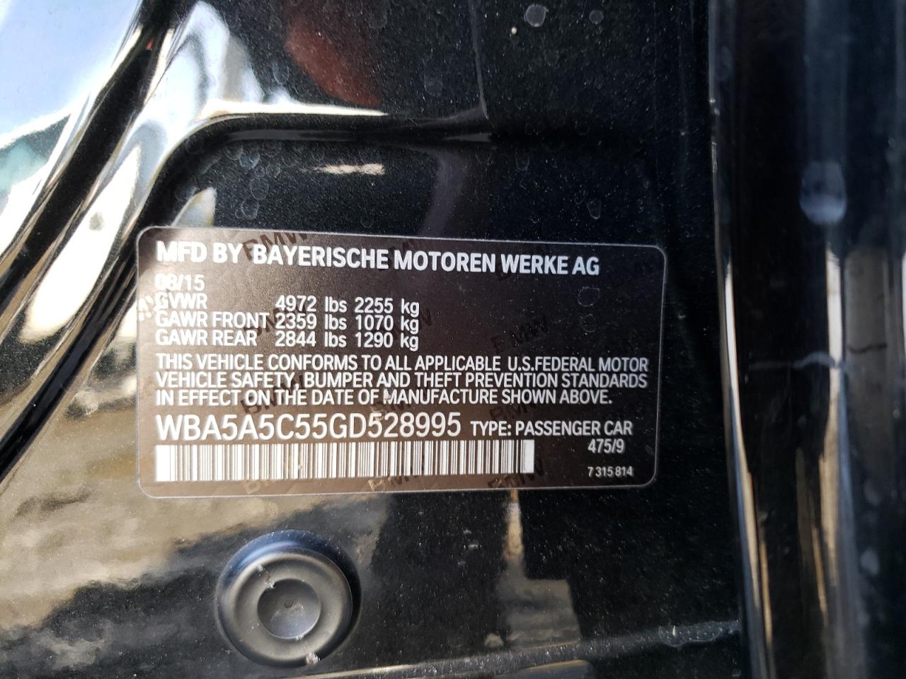 Photo 10 from auction – 2016 BMW 528 I with VIN WBA5A5C55GD528995