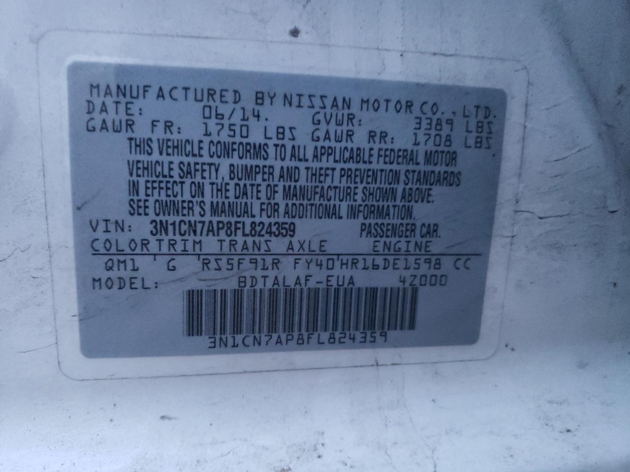 Photo 10 from auction – 2015 NISSAN VERSA S with VIN 3N1CN7AP8FL824359