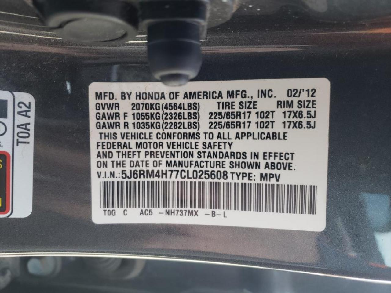 Photo 10 from auction – 2012 HONDA CR-V EXL with VIN 5J6RM4H77CL025608