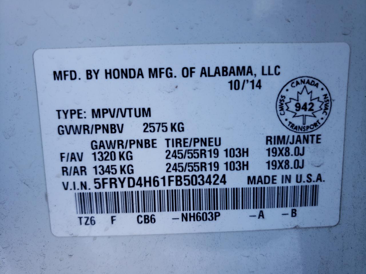 Photo 10 from auction – 2015 ACURA MDX TECHNO with VIN 5FRYD4H61FB503424