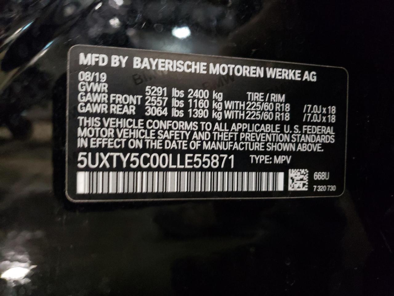 Photo 10 from auction – 2020 BMW X3 XDRIVE3 with VIN 5UXTY5C00LLE55871
