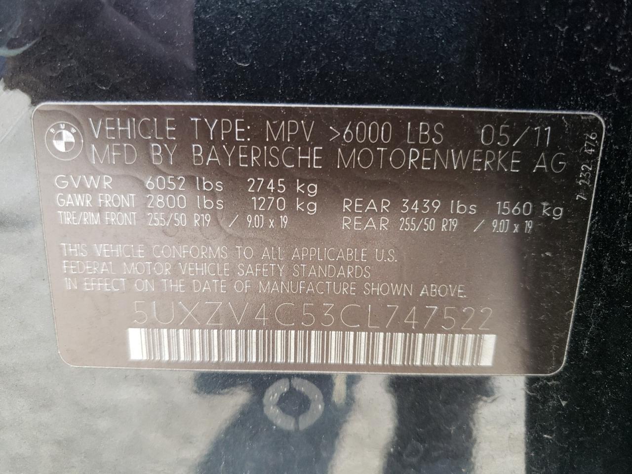 Photo 10 from auction – 2012 BMW X5 XDRIVE3 with VIN 5UXZV4C53CL747522