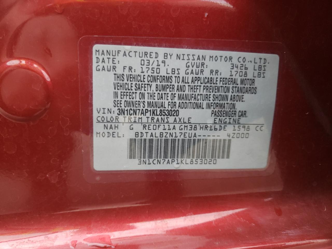 Photo 10 from auction – 2019 NISSAN VERSA S with VIN 3N1CN7AP1KL853020