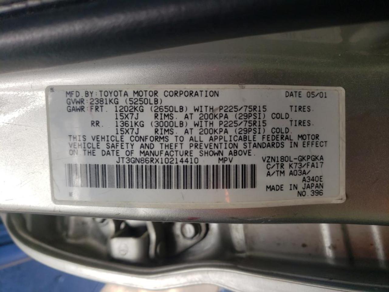Photo 10 from auction – 2001 TOYOTA 4RUNNER SR with VIN JT3GN86RX10214410