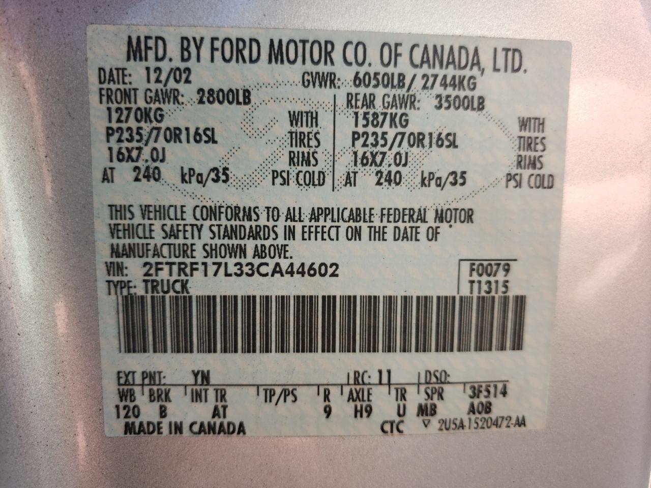 Photo 10 from auction – 2003 FORD F150 with VIN 2FTRF17L33CA44602
