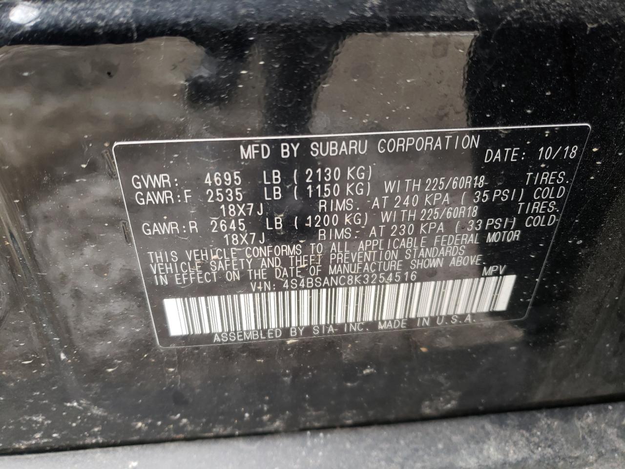 Photo 10 from auction – 2019 SUBARU OUTBACK 2. with VIN 4S4BSANC8K3254516