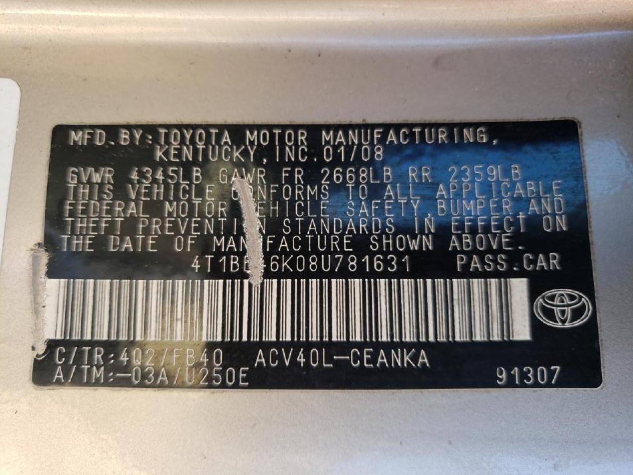 Photo 10 from auction – 2008 TOYOTA CAMRY CE with VIN 4T1BE46K08U781631