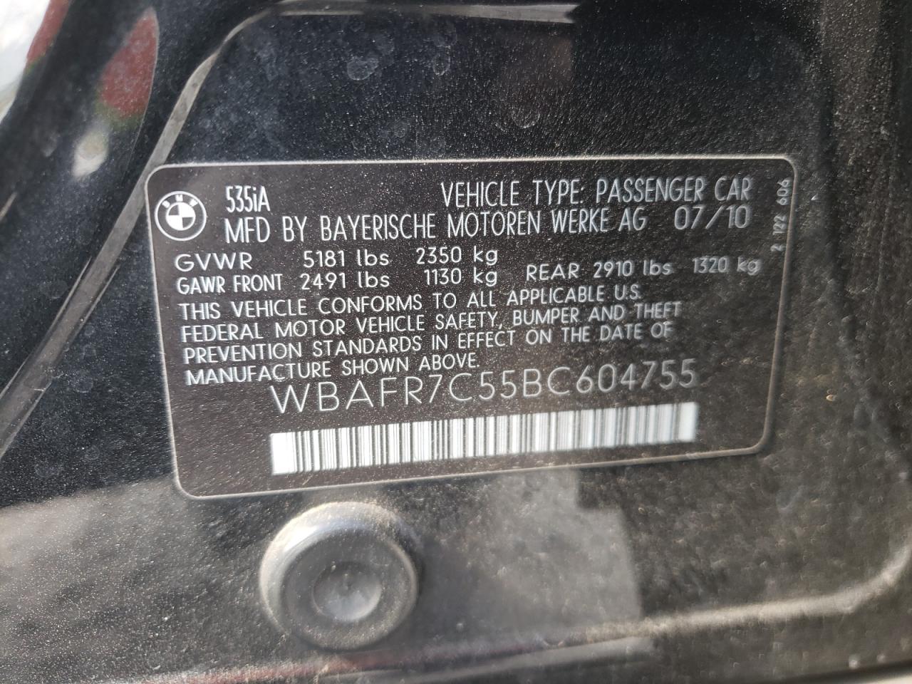 Photo 10 from auction – 2011 BMW 535 I with VIN WBAFR7C55BC604755