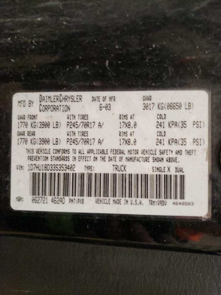 Photo 10 from auction – 2003 DODGE RAM 1500 S with VIN 1D7HU18D33S353402