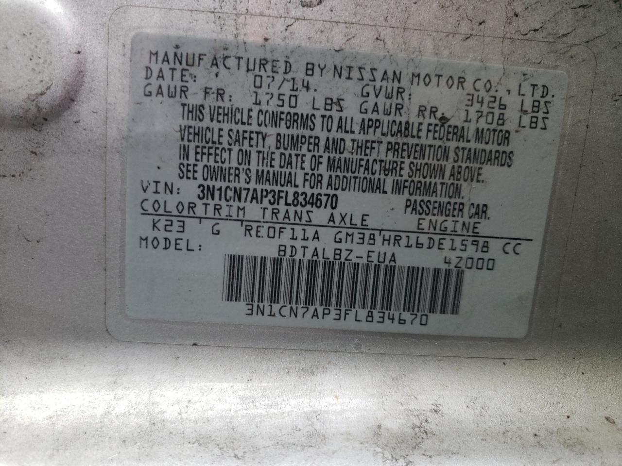 Photo 10 from auction – 2015 NISSAN VERSA S with VIN 3N1CN7AP3FL834670