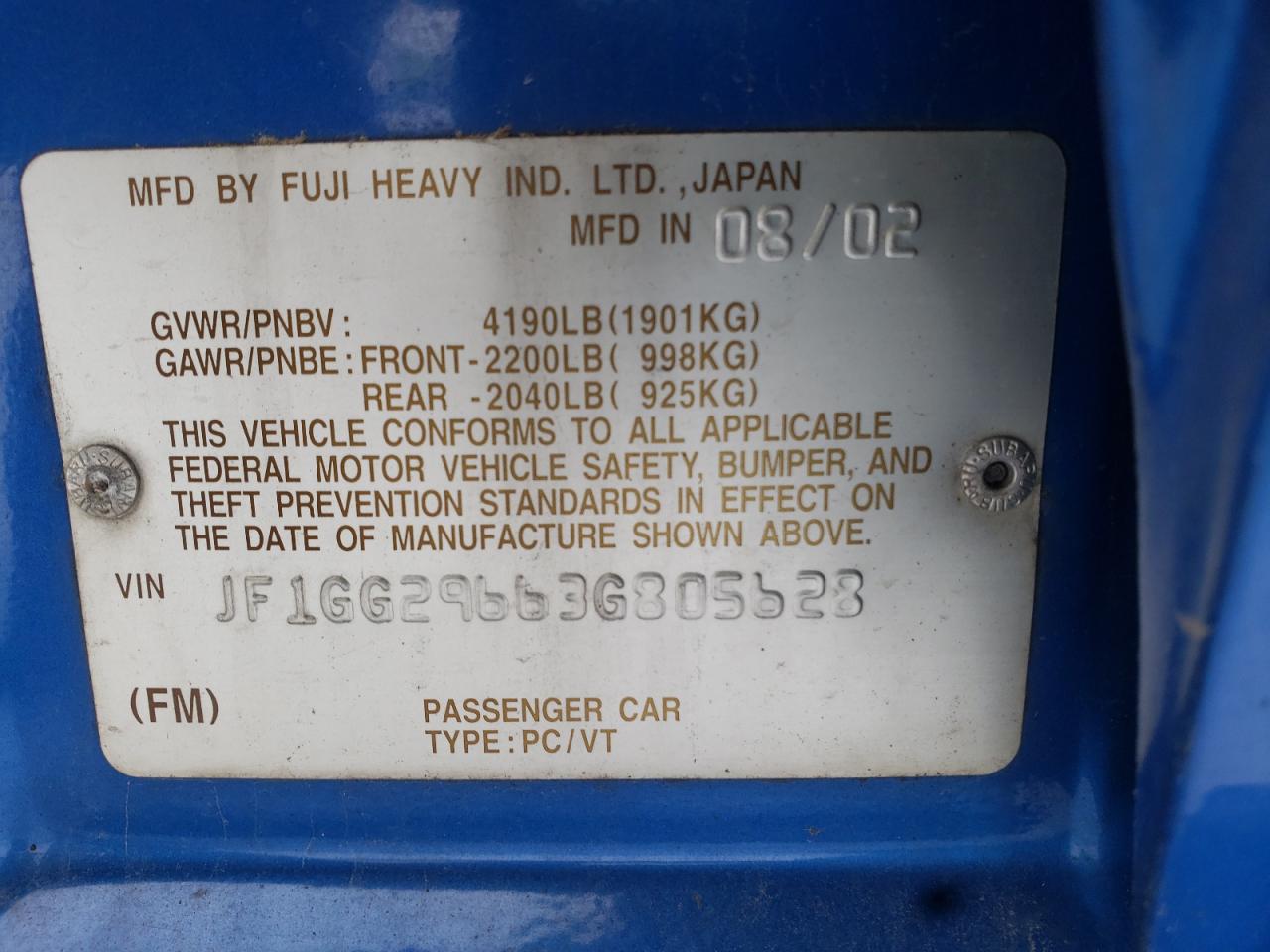 Photo 10 from auction – 2003 SUBARU IMPREZA WR with VIN JF1GG29663G805628