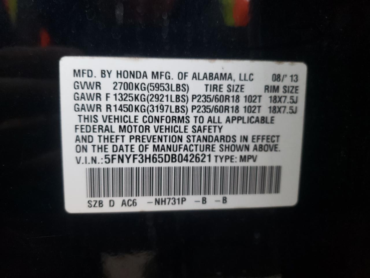 Photo 10 from auction – 2013 HONDA PILOT with VIN 5FNYF3H65DB042621