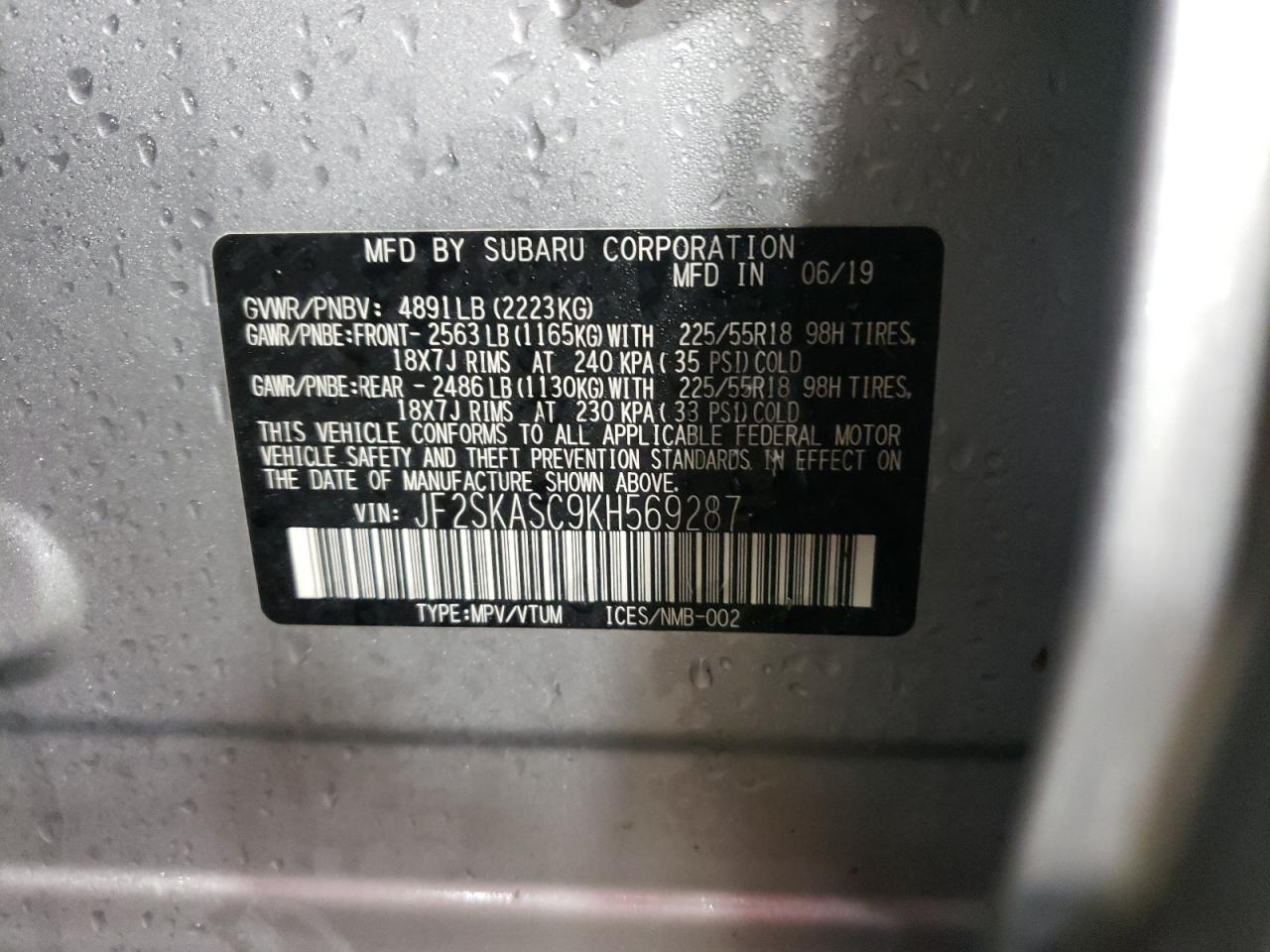 Photo 10 from auction – 2019 SUBARU FORESTER L with VIN JF2SKASC9KH569287