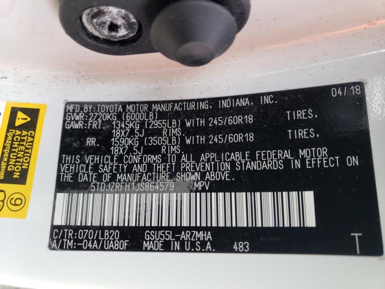 Photo 10 from auction – 2018 TOYOTA HIGHLANDER with VIN 5TDJZRFH1JS864579