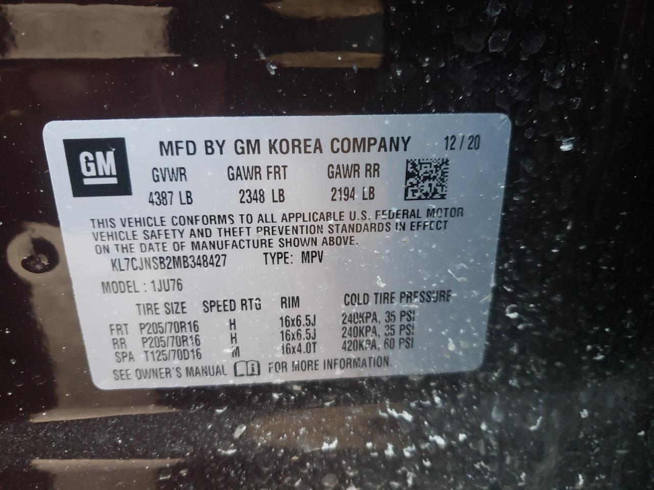 Photo 10 from auction – 2021 CHEVROLET TRAX LS with VIN KL7CJNSB2MB348427