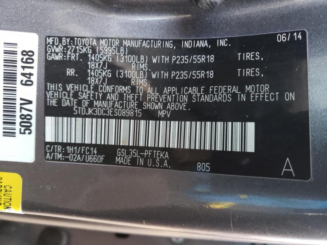 Photo 10 from auction – 2014 TOYOTA SIENNA LE with VIN 5TDJK3DC3ES089815