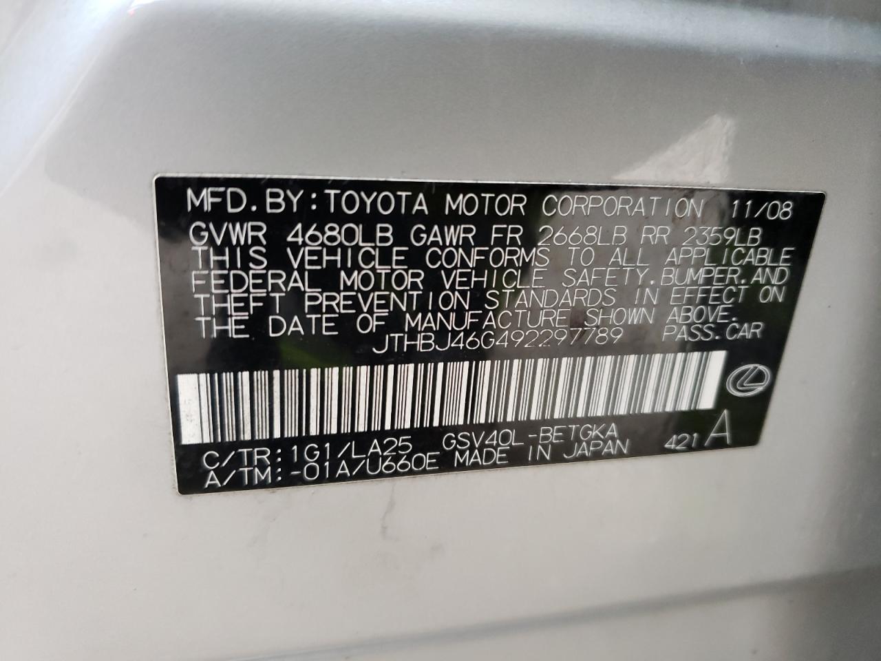 Photo 10 from auction – 2009 LEXUS ES 350 with VIN JTHBJ46G492297789