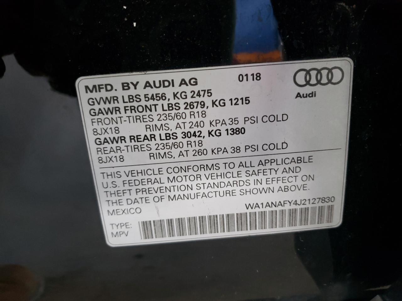 Photo 10 from auction – 2018 AUDI Q5 PREMIUM with VIN WA1ANAFY4J2127830