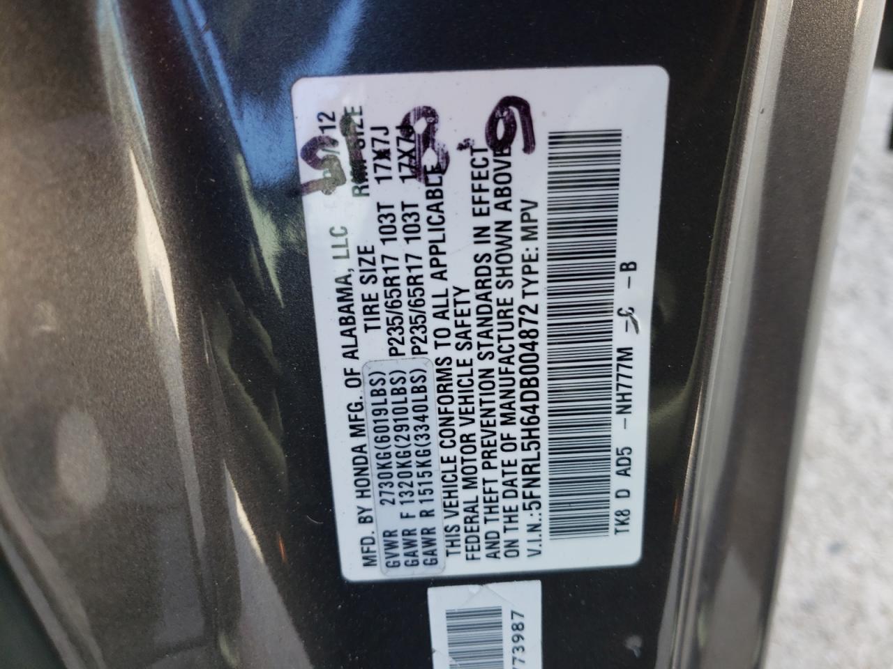 Photo 10 from auction – 2013 HONDA ODYSSEY EX with VIN 5FNRL5H64DB004872