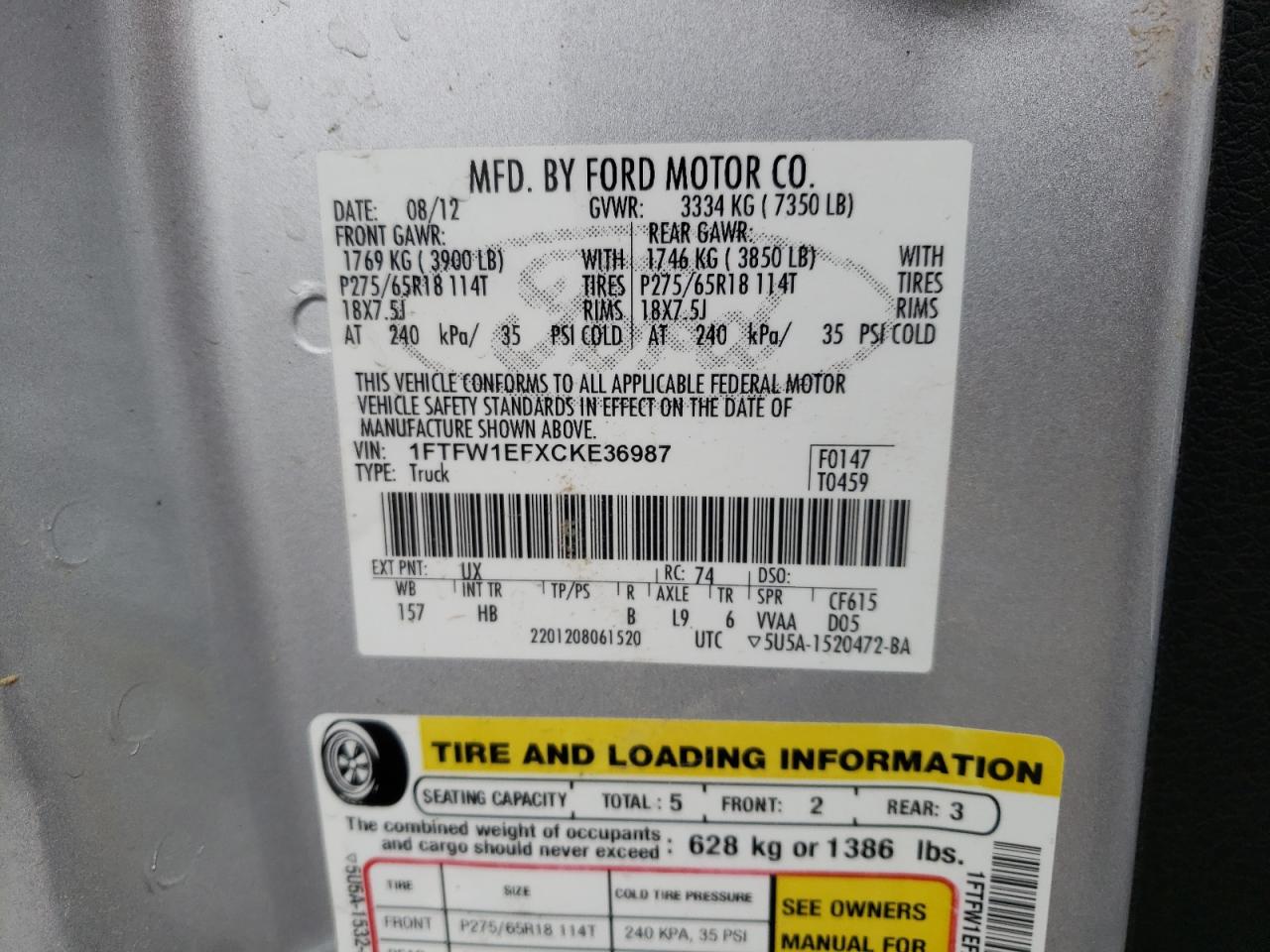 Photo 10 from auction – 2012 FORD F150 SUPER with VIN 1FTFW1EFXCKE36987