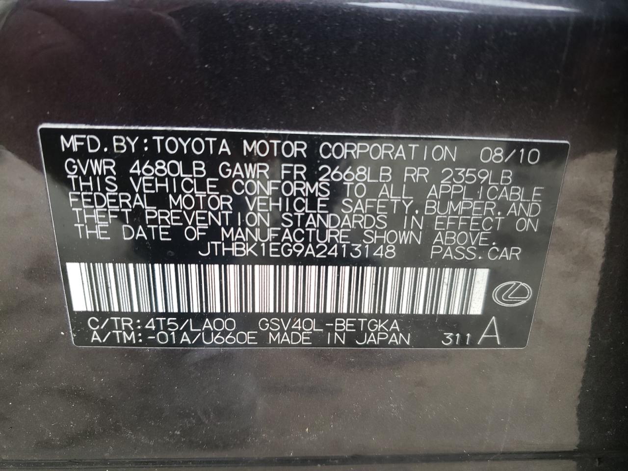 Photo 10 from auction – 2010 LEXUS ES 350 with VIN JTHBK1EG9A2413148