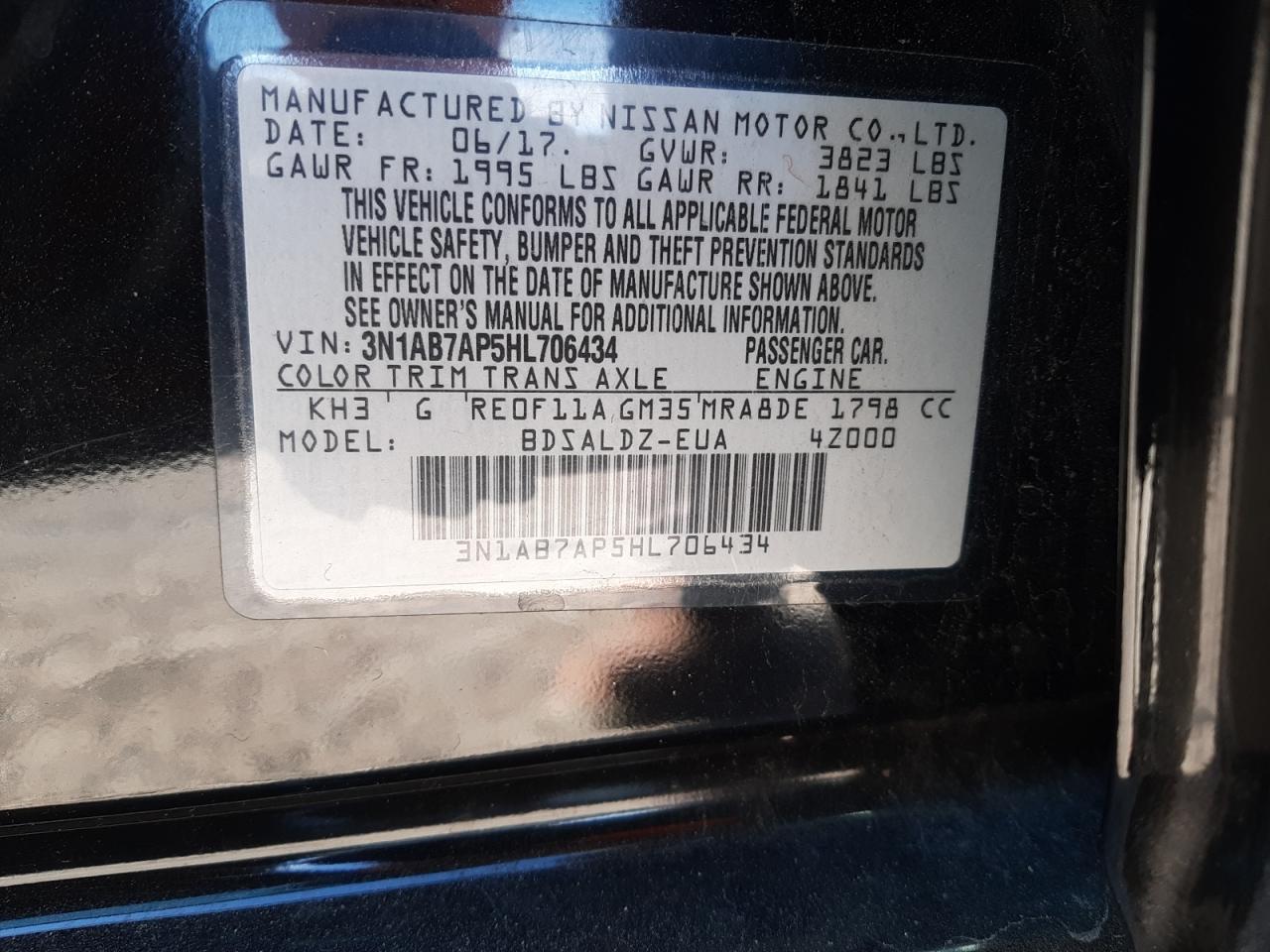 Photo 10 from auction – 2017 NISSAN SENTRA S with VIN 3N1AB7AP5HL706434