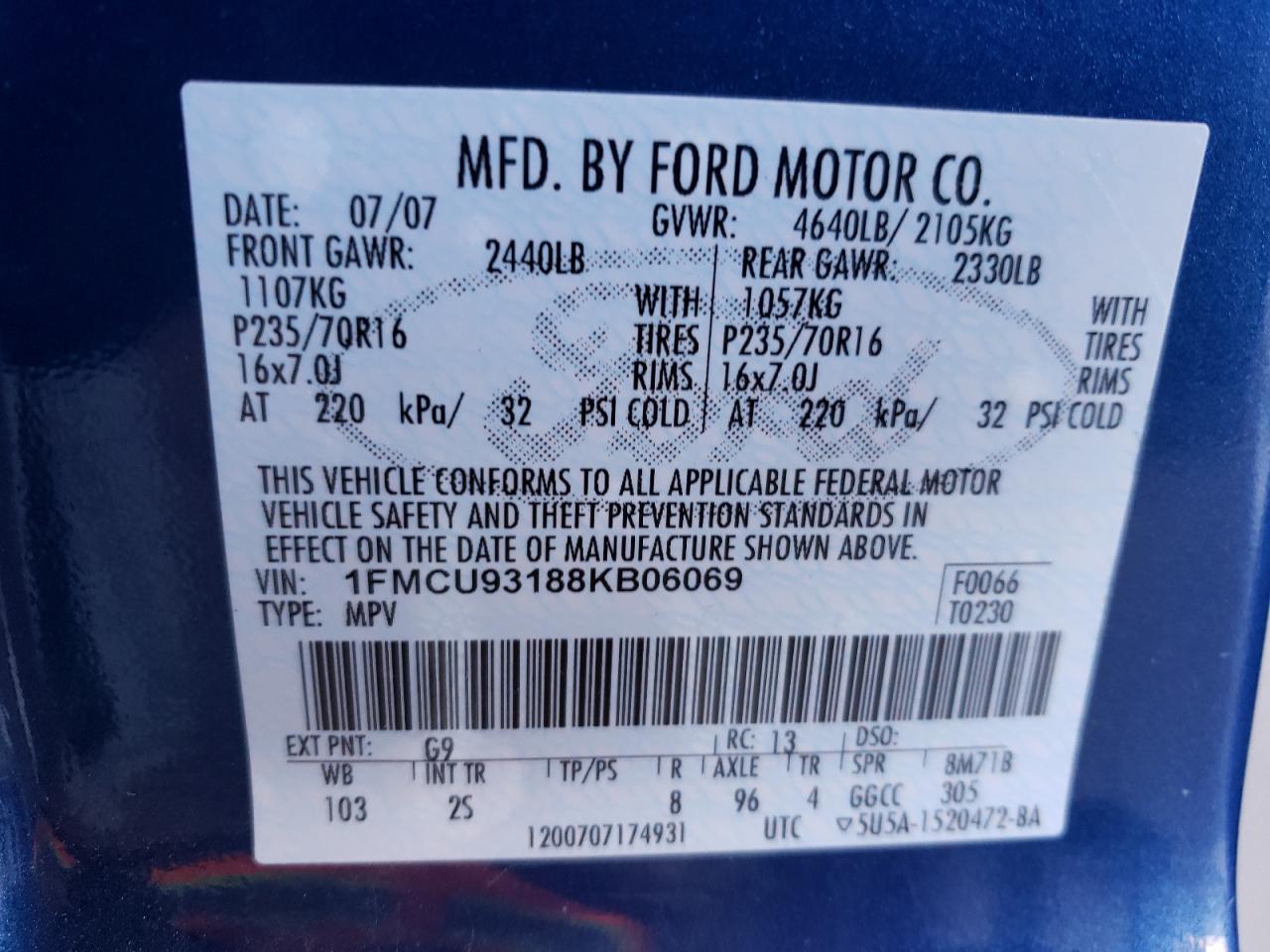 Photo 10 from auction – 2008 FORD ESCAPE XLT with VIN 1FMCU93188KB06069