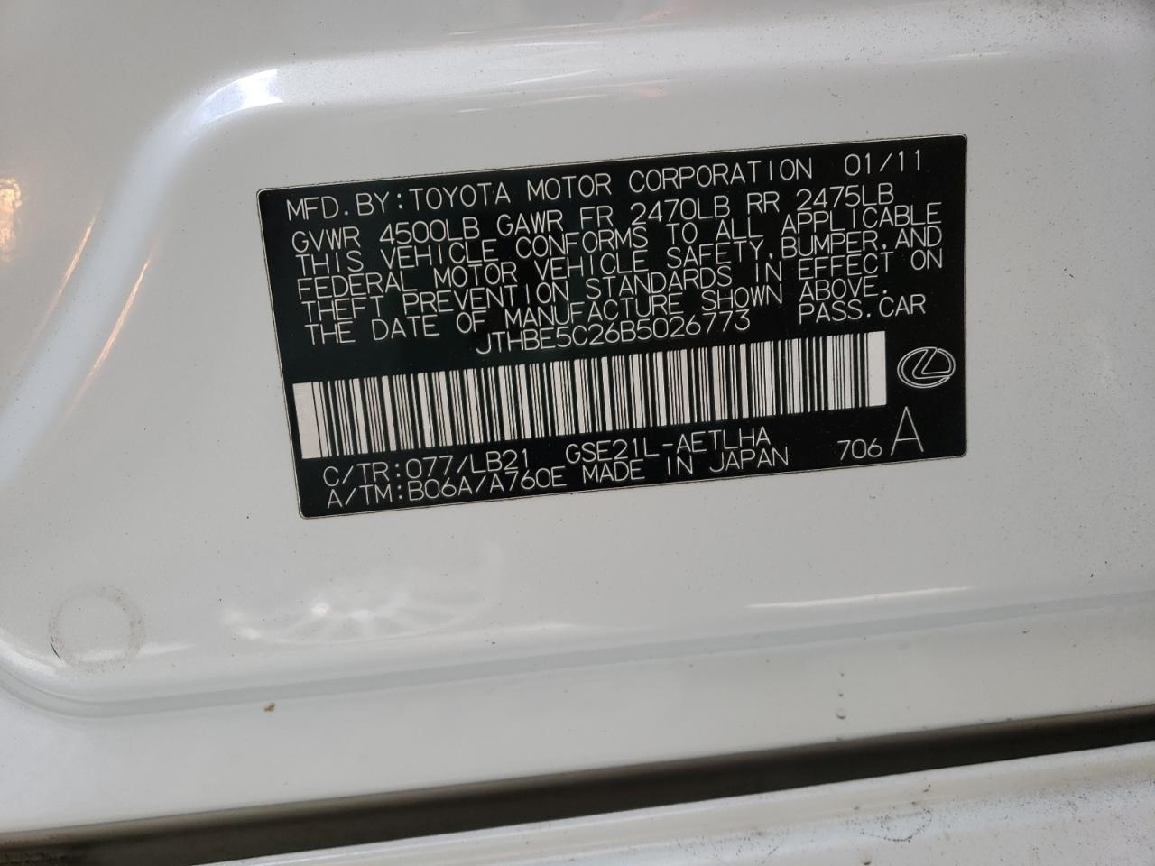Photo 10 from auction – 2011 LEXUS IS 350 with VIN JTHBE5C26B5026773