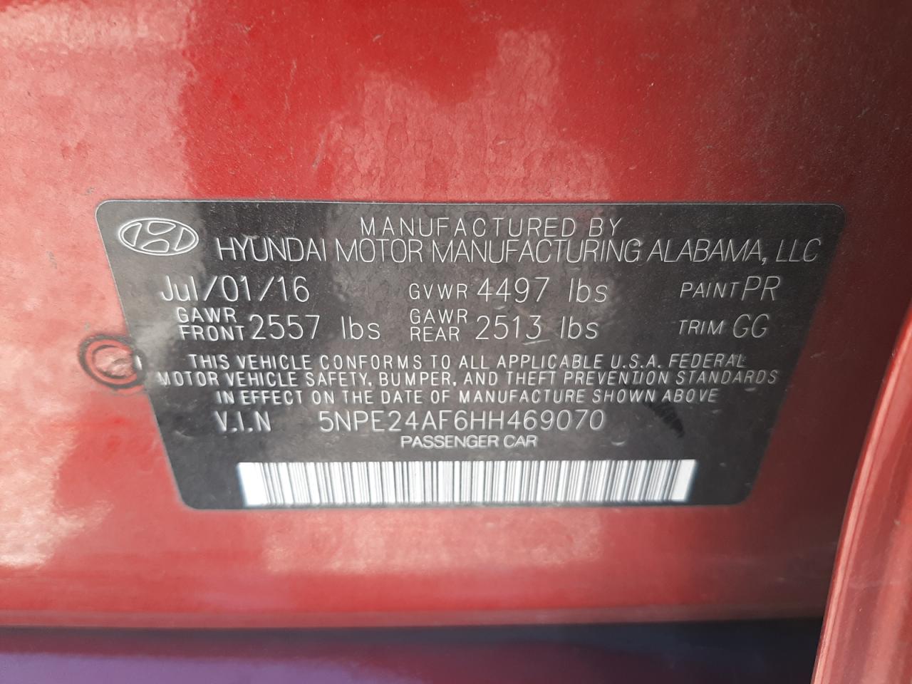 Photo 10 from auction – 2017 HYUNDAI SONATA SE with VIN 5NPE24AF6HH469070