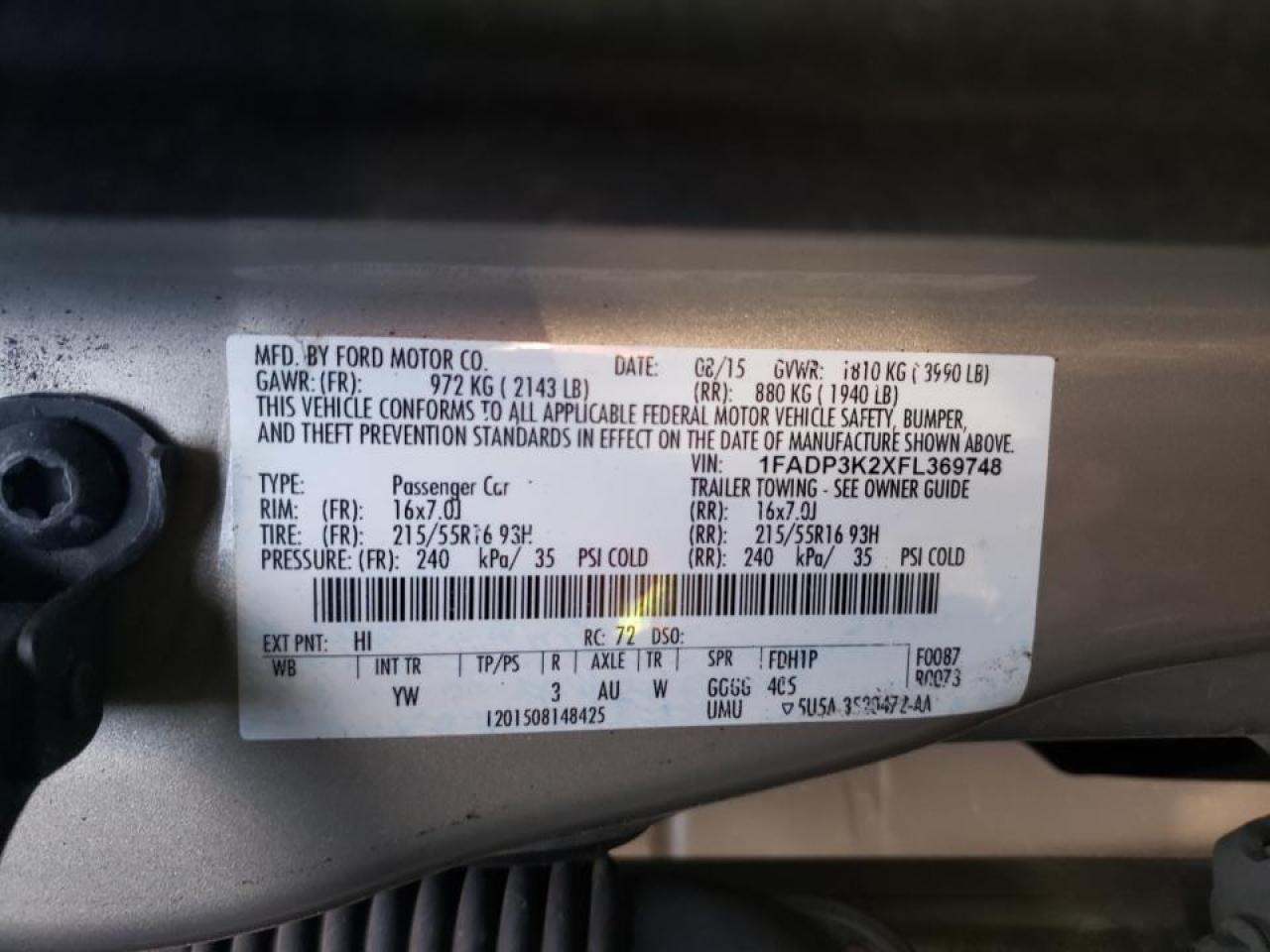Photo 10 from auction – 2015 FORD FOCUS SE with VIN 1FADP3K2XFL369748