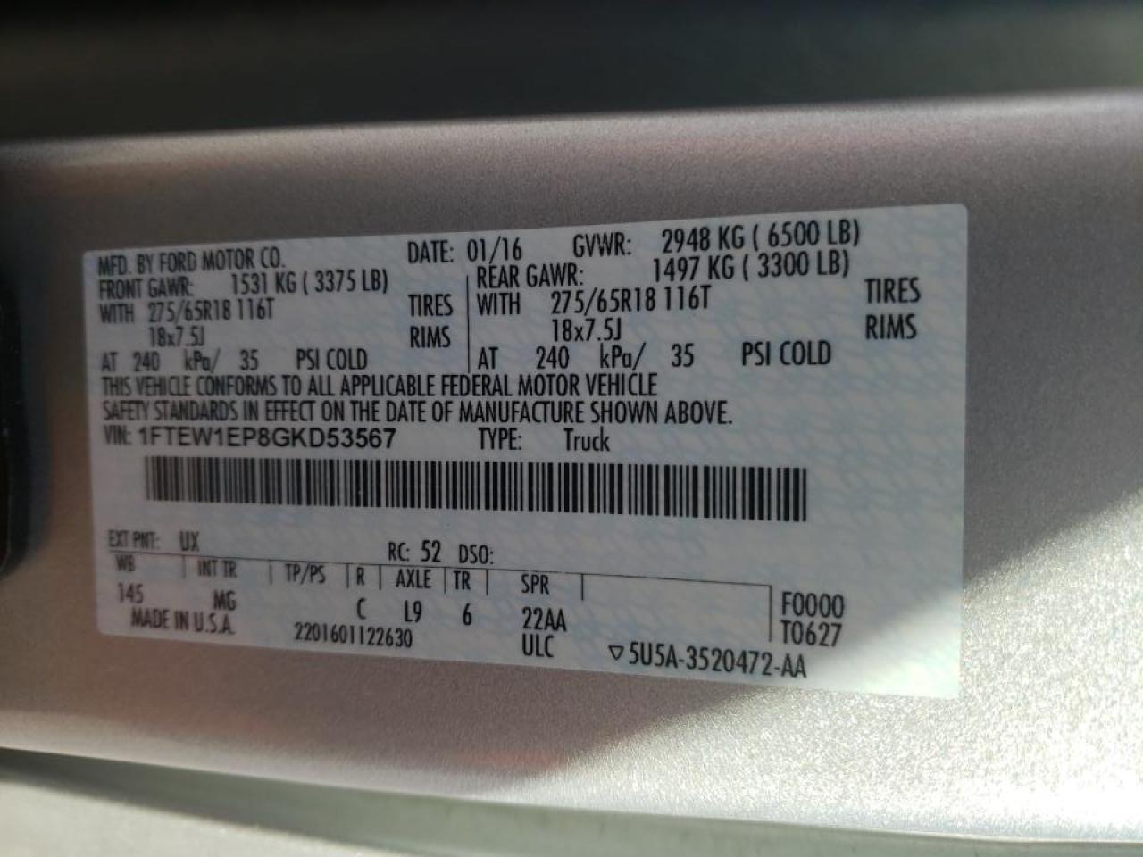 Photo 10 from auction – 2016 FORD F150 SUPER with VIN 1FTEW1EP8GKD53567