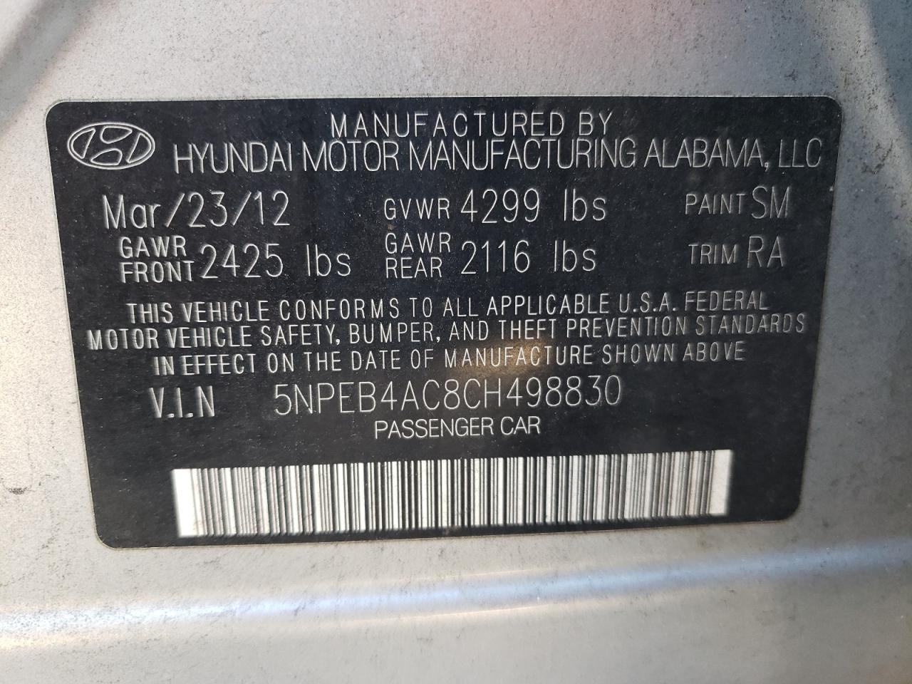 Photo 10 from auction – 2012 HYUNDAI SONATA GLS with VIN 5NPEB4AC8CH498830