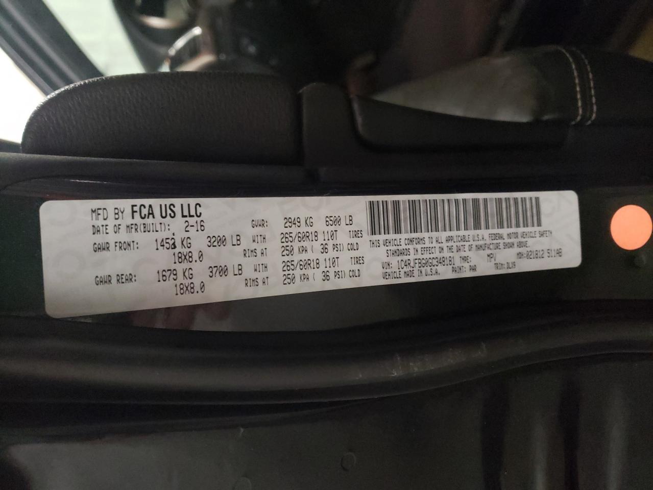 Photo 10 from auction – 2016 JEEP GRAND CHER with VIN 1C4RJFBG0GC348181