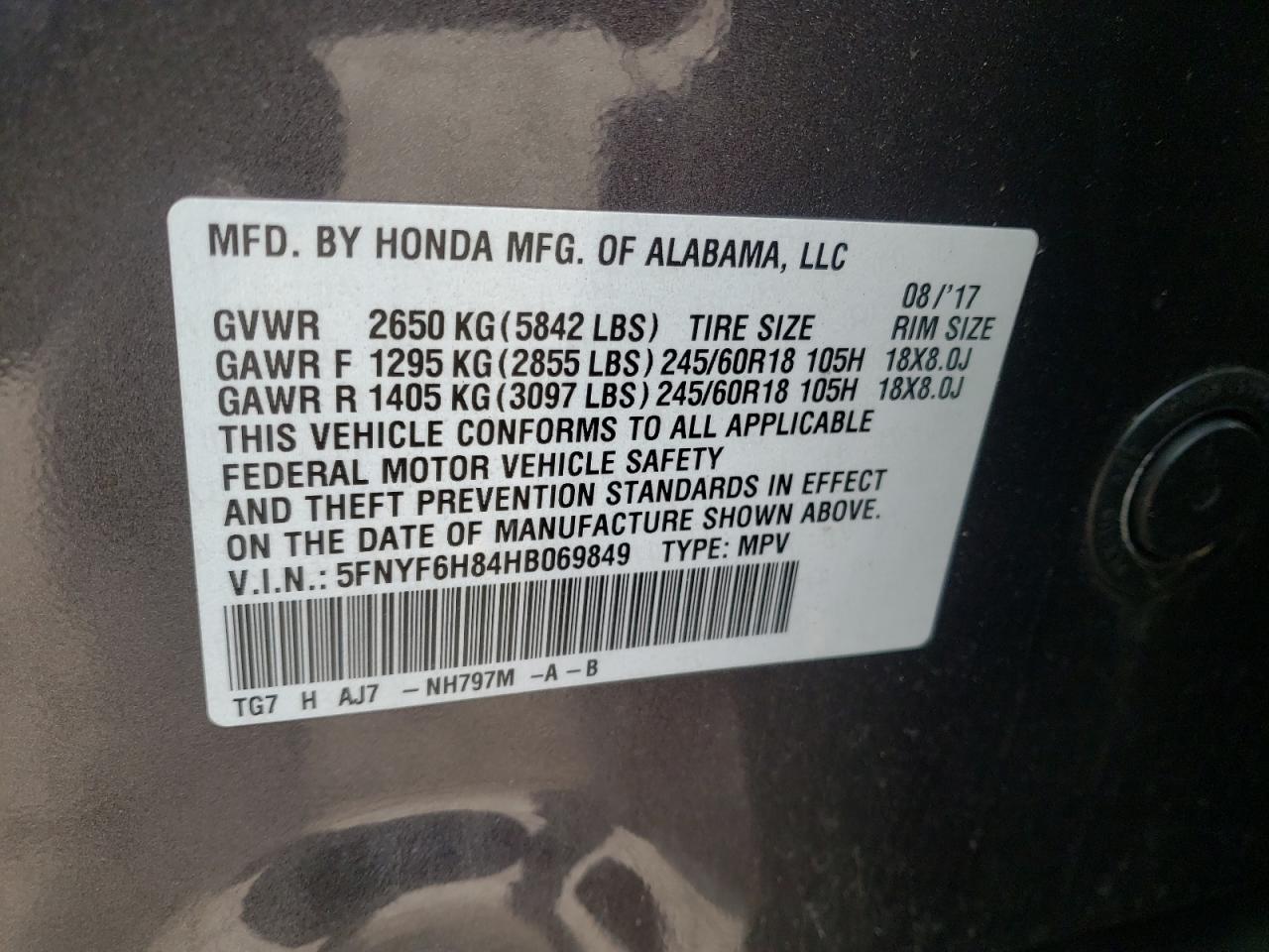 Photo 10 from auction – 2017 HONDA PILOT EXL with VIN 5FNYF6H84HB069849