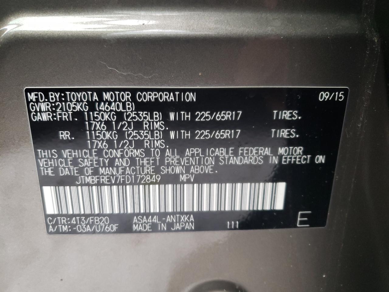 Photo 10 from auction – 2015 TOYOTA RAV4 LE with VIN JTMBFREV7FD172849