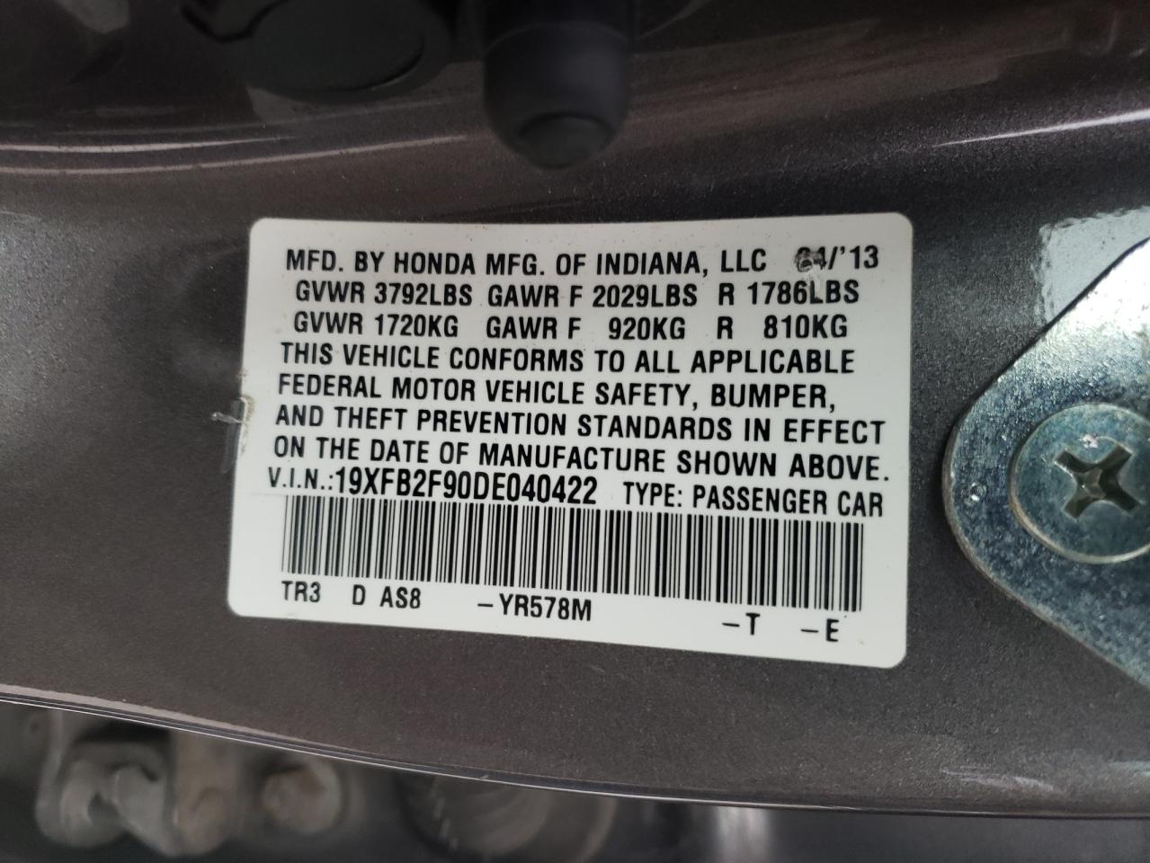 Photo 10 from auction – 2013 HONDA CIVIC EXL with VIN 19XFB2F90DE040422
