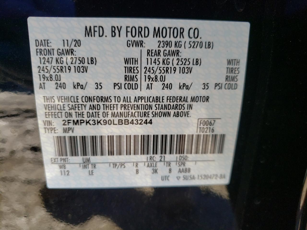Photo 10 from auction – 2020 FORD EDGE TITAN with VIN 2FMPK3K90LBB43244