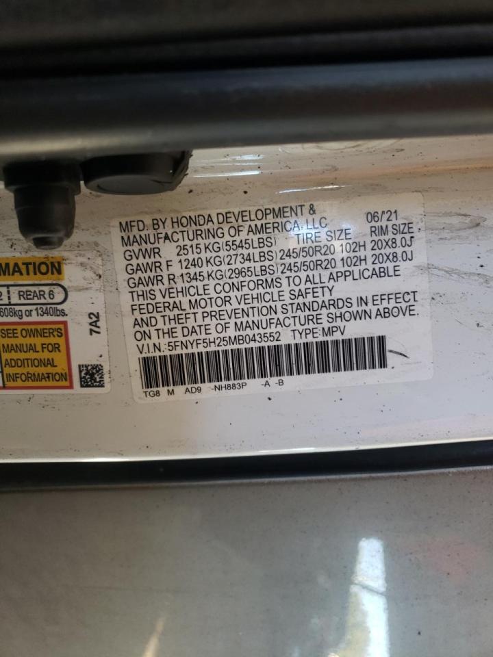 Photo 10 from auction – 2021 HONDA PILOT SE with VIN 5FNYF5H25MB043552