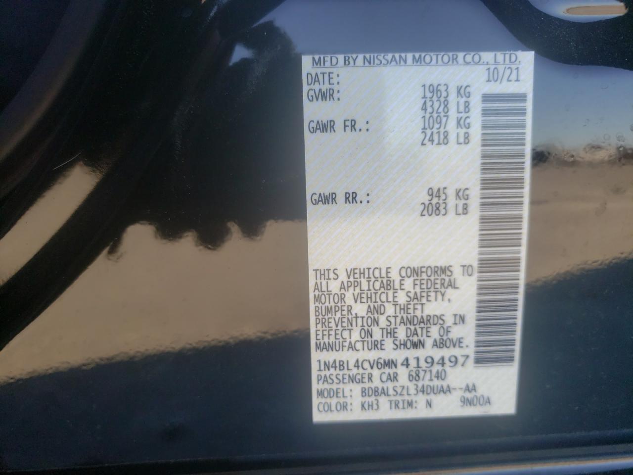 Photo 10 from auction – 2021 NISSAN ALTIMA SR with VIN 1N4BL4CV6MN419497