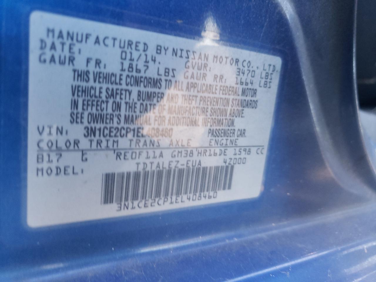 Photo 10 from auction – 2014 NISSAN VERSA with VIN 3N1CE2CP1EL408460