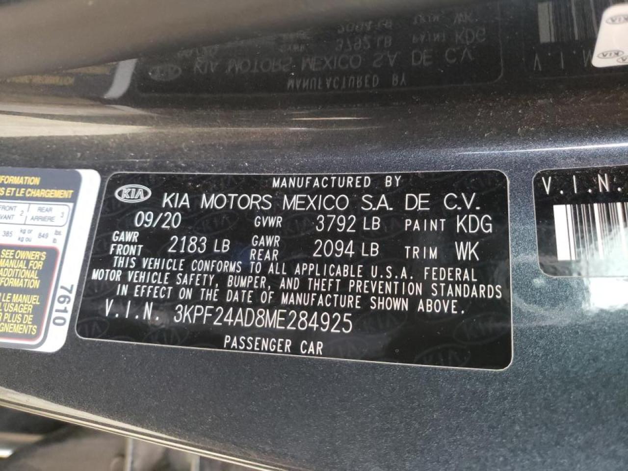 Photo 10 from auction – 2021 KIA FORTE FE with VIN 3KPF24AD8ME284925