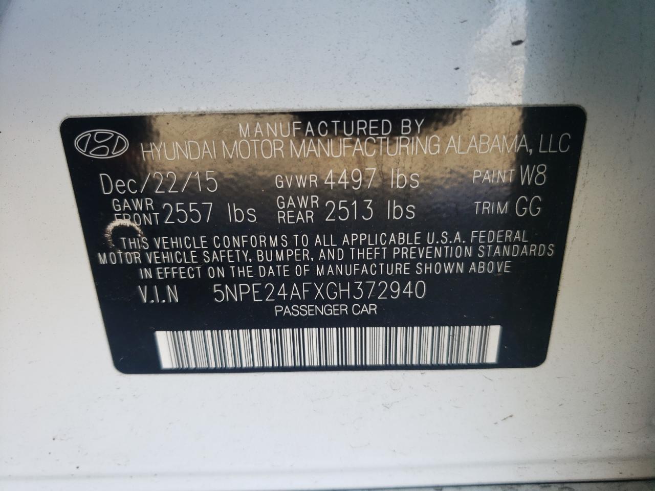Photo 10 from auction – 2016 HYUNDAI SONATA SE with VIN 5NPE24AFXGH372940
