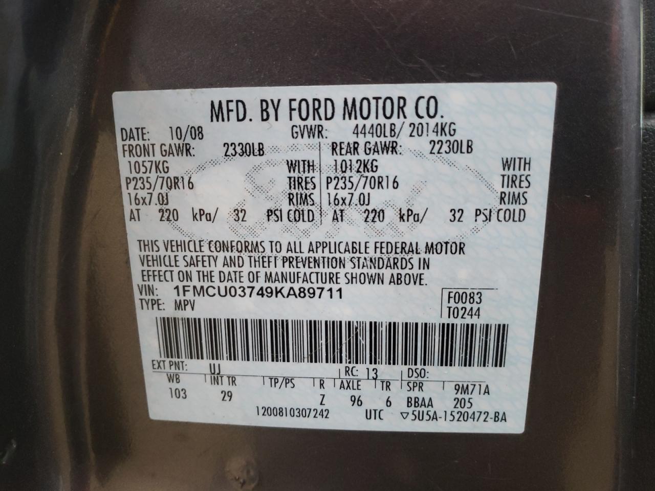 Photo 10 from auction – 2009 FORD ESCAPE XLT with VIN 1FMCU03749KA89711