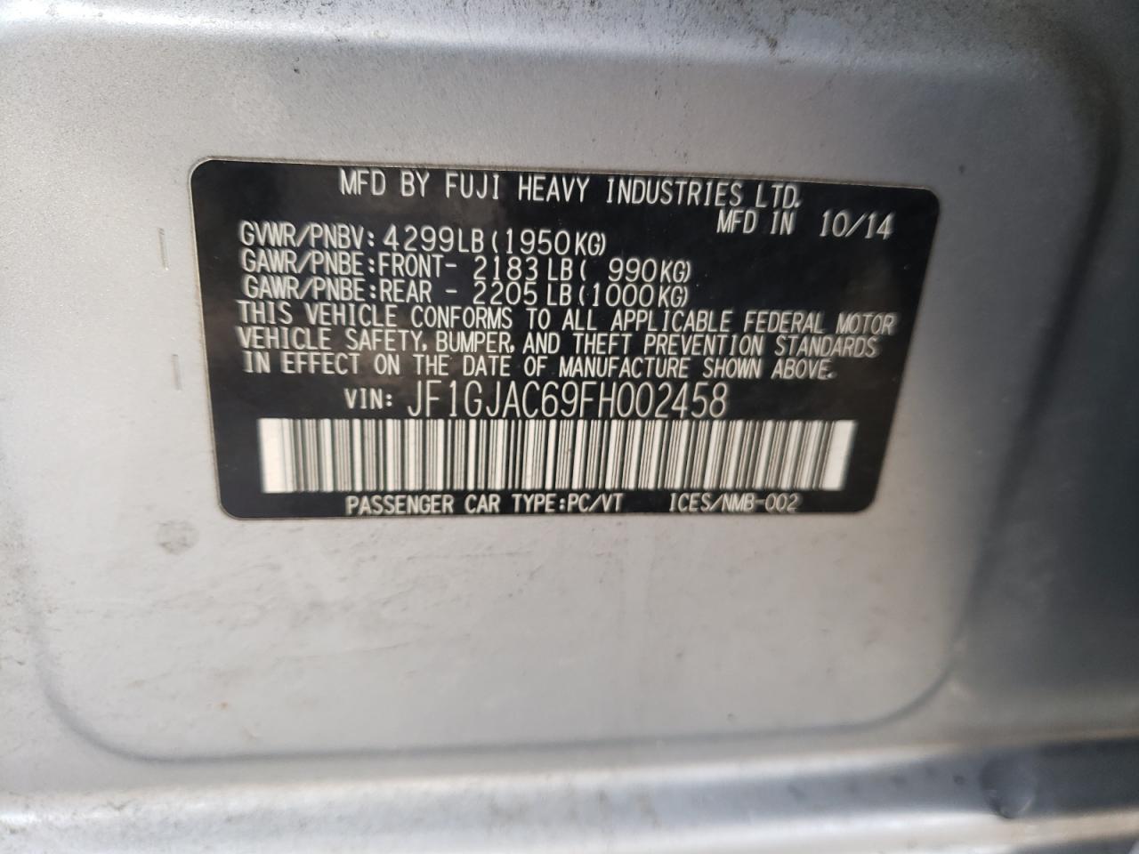 Photo 10 from auction – 2015 SUBARU IMPREZA PR with VIN JF1GJAC69FH002458