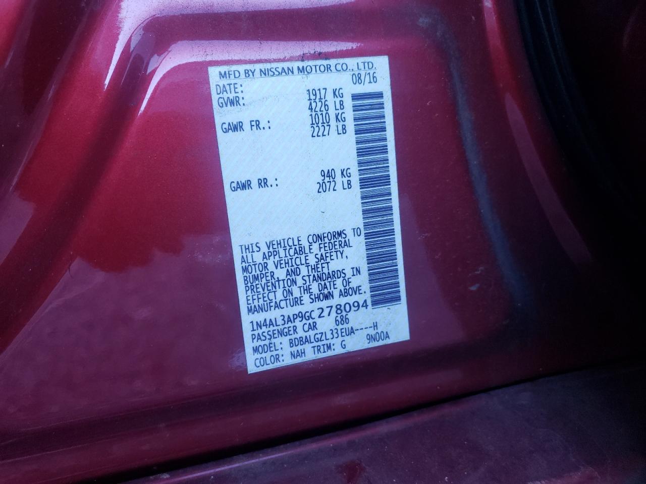 Photo 10 from auction – 2016 NISSAN ALTIMA 2.5 with VIN 1N4AL3AP9GC278094