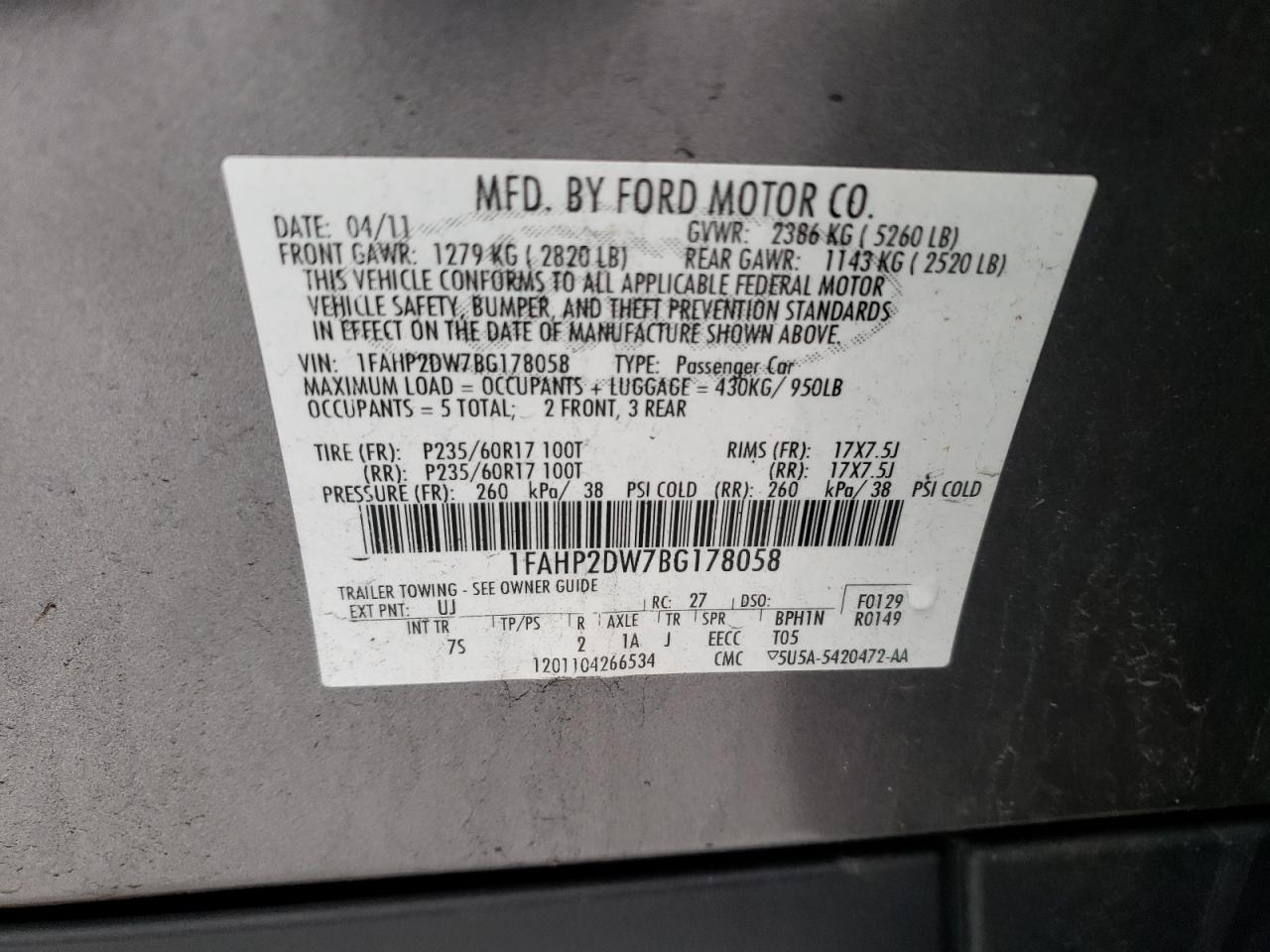Photo 10 from auction – 2011 FORD TAURUS SE with VIN 1FAHP2DW7BG178058
