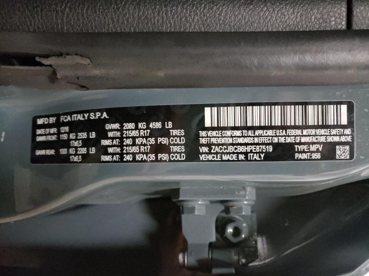 Photo 10 from auction – 2017 JEEP RENEGADE T with VIN ZACCJBCB6HPE87519