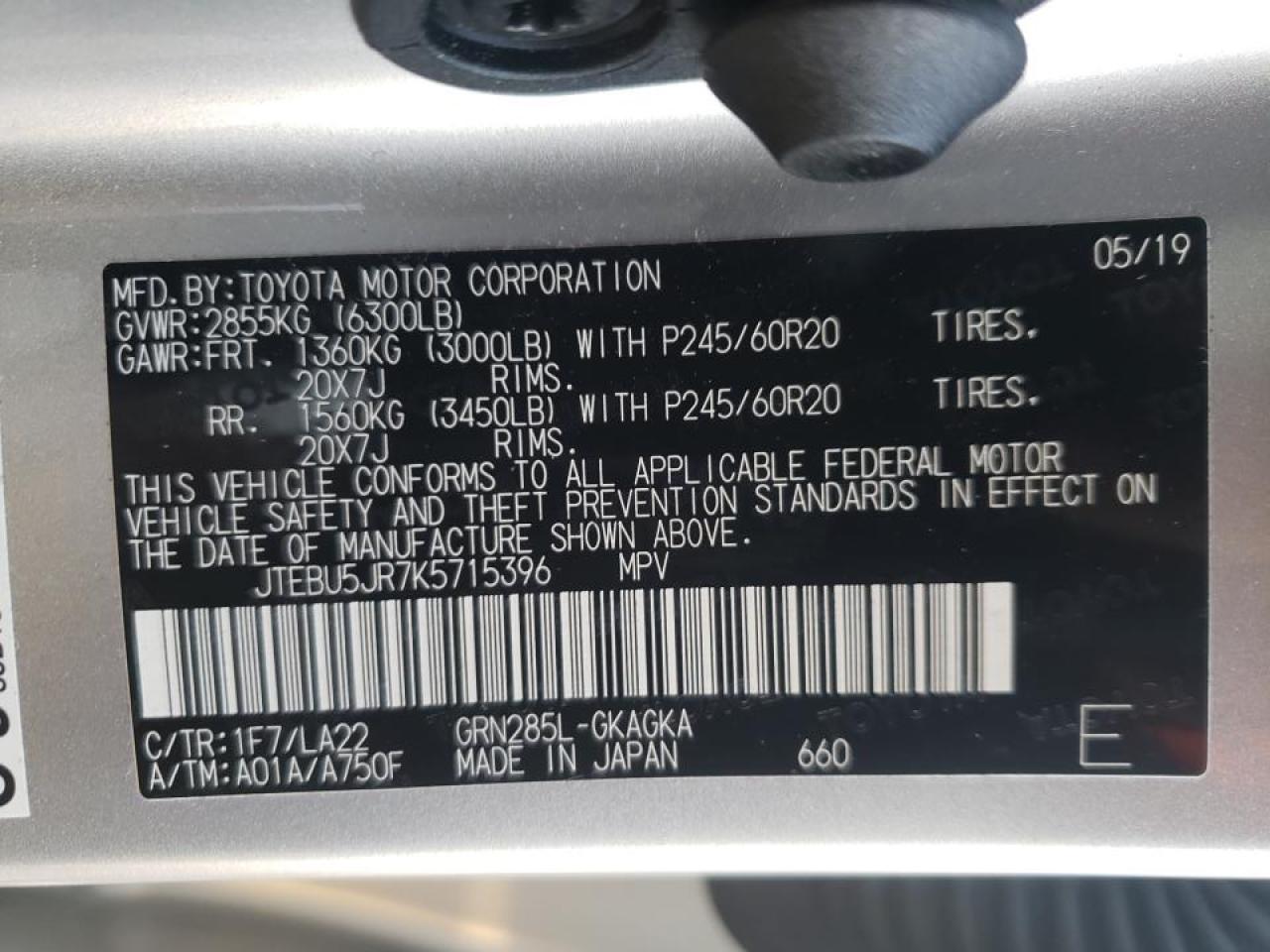 Photo 10 from auction – 2019 TOYOTA 4RUNNER SR with VIN JTEBU5JR7K5715396