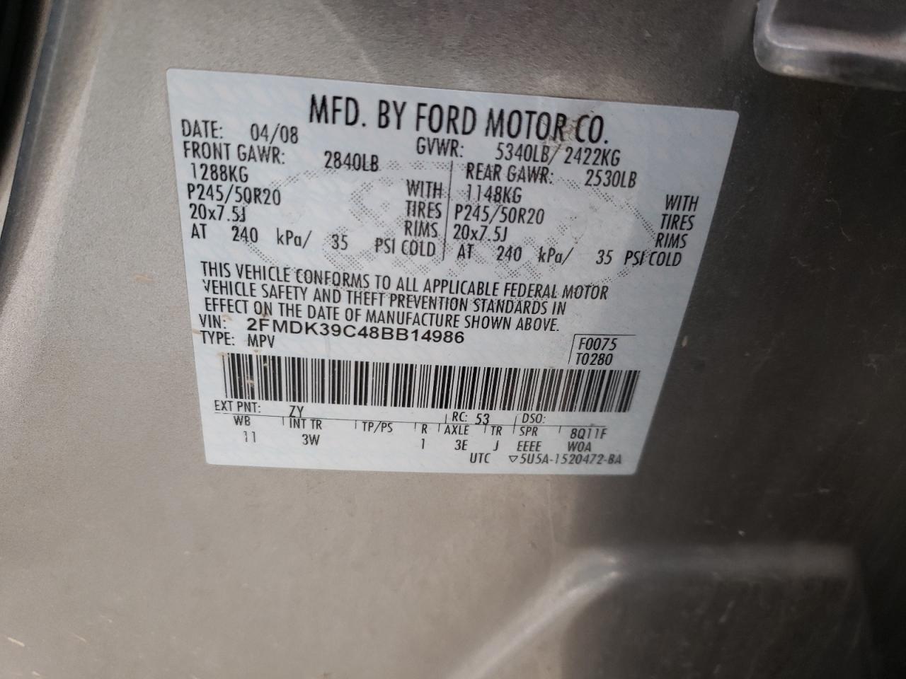 Photo 10 from auction – 2008 FORD EDGE LIMIT with VIN 2FMDK39C48BB14986